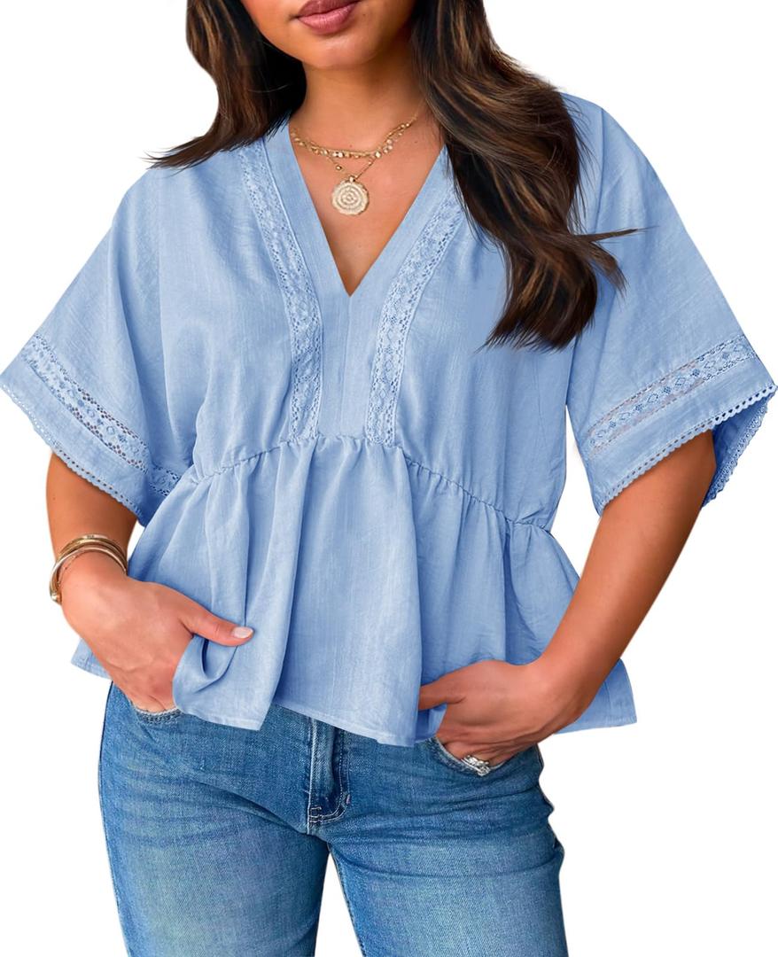 Womens Plus Size Babydoll Tops Cute Summer Eyelet V Neck Short Sleeve Blouses Cropped Lace Ruffle Boho Shirts (2XL)