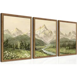 Framed Mountain Wall Art for Living Room, Green Nature Landscape Canvas Wall Decor Set of 3, Vintage Forest Rustic Farmhouse Prints Pictures Paintings for Office Bedroom 16x24 Inch, 24L" x 16W"