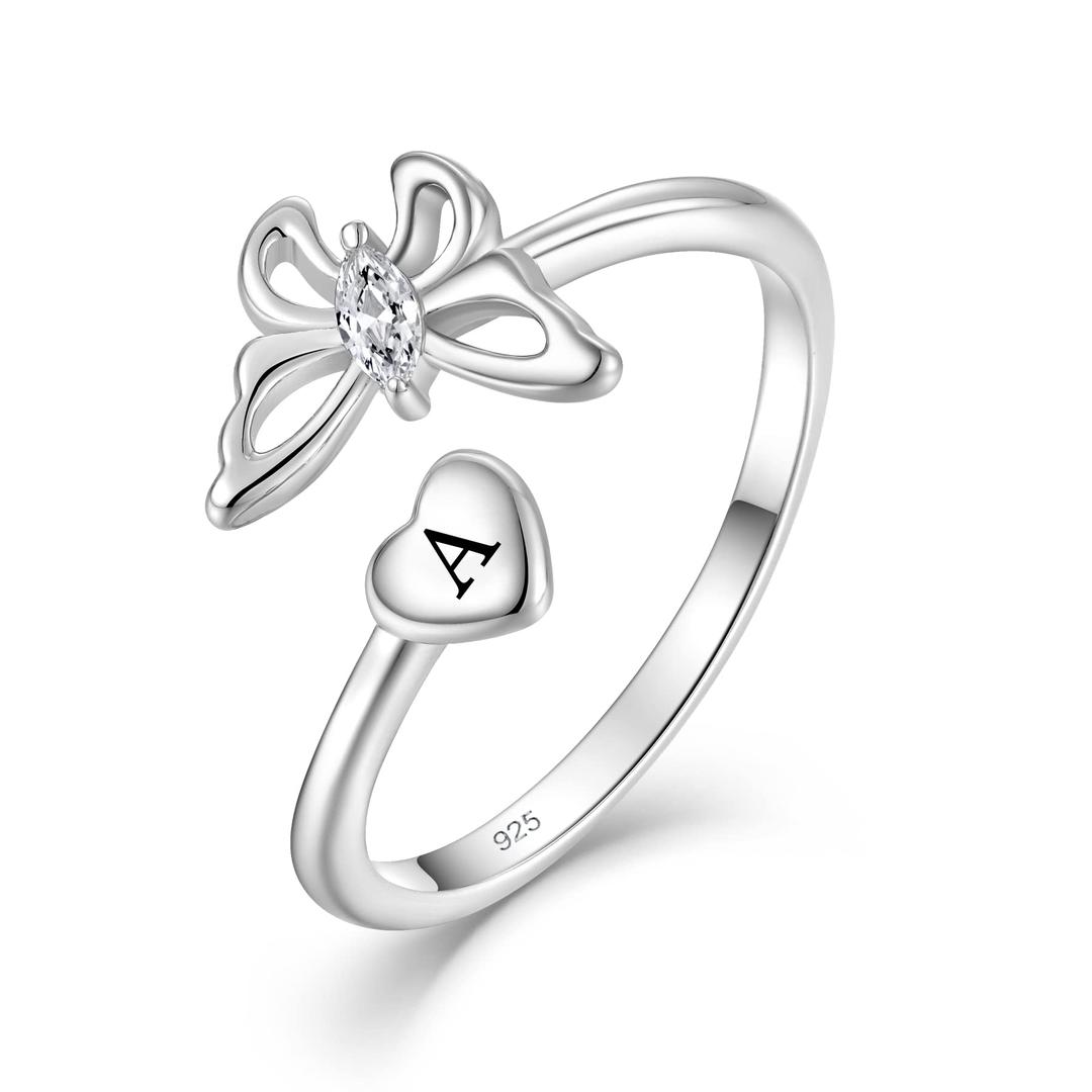 STARCHENIE Butterfly Initial Ring for Women 925 Sterling Silver Letter B Alphabet Adjustable Ring Size 7