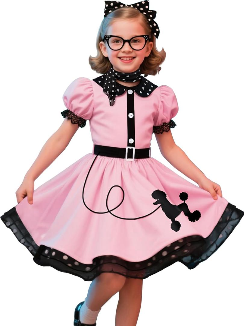 50s Costumes for Girls 50s Poodle Dress with Polka-Dot Printed Scarf for Kids Halloween Costume (6-8 Years)