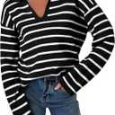 EVALESS Sweaters for Women Long Sleeve V Neck Striped Knit Drop Shoulder Fall Jumper 2025 Henley Pullover (Large)