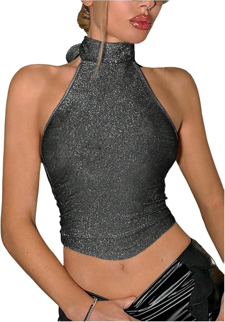 SweatyRocks Women's Glitter Halter Crop Tops Backless Ruhced Going Out Party Sexy Top Clubwear (Black), Size: Small
