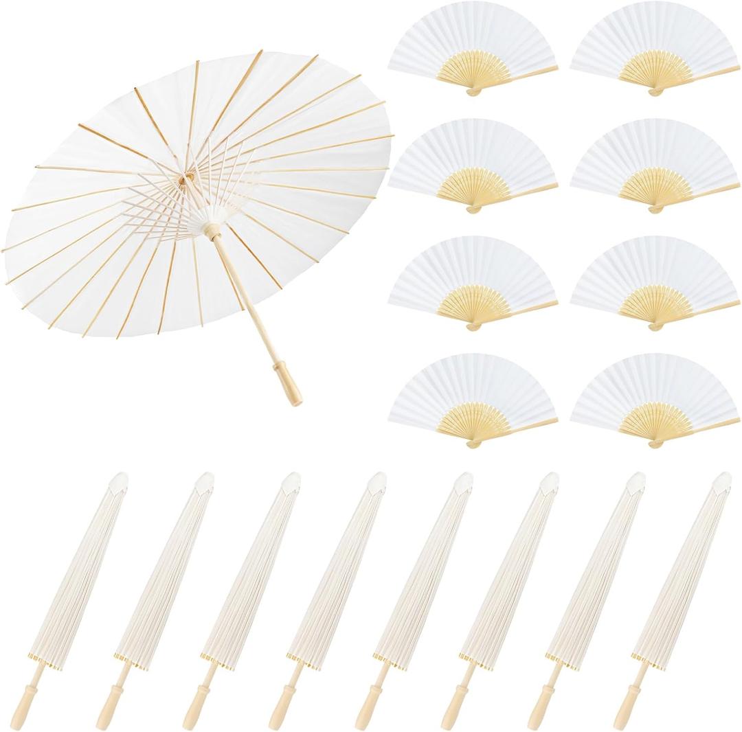 MOTOTO 8 Pack 33 Inch White Paper Umbrellas & 8 Pack 8inch Foldable Handheld Fans, Oiled Chinese Japanese White Parasols Umbrellas Paper Fans for DIY Painting, Wedding, Bridal Party, Ceiling Decor