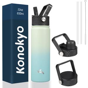 22oz Stainless Steel Bottles with 3 Lids Sport Insulated Water Bottle,Mint