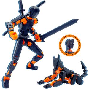 Uodofy (Assembly Completed) T13 3D Action Figure Set,Dummy Robo Titan 13 Action Figures,3D Printed Multi-Jointed Toy (Black + Orange)