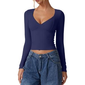 QINSEN Women's Long Sleeve V Neck T Shirts Double Lined Crop Top Seamed Cup Going Out Tops, S