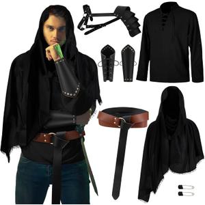 Leumoi 5 Pcs Men's Renaissance Faire Costume Set Halloween Medieval Costume Pirate Shirt Viking Belt Shawl Accessories