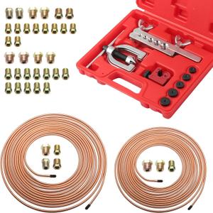 25Ft 1/4" and 3/16" Brake Line Kit,Single & Double Brake Line Flaring Tool Kit with 32 Inverted Fittings and Brakes Flare Tool Kits,Copper Plated Brakes Lines Repair Kits