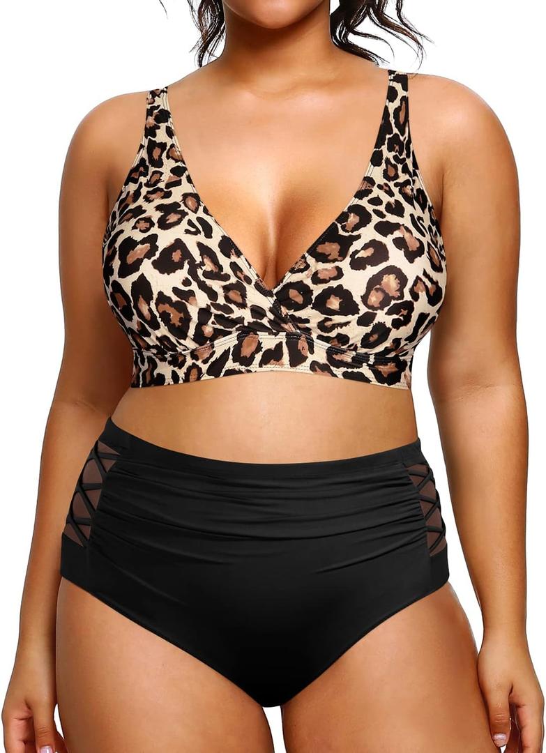 Yonique Womens Plus Size Bikini High Waisted Swimsuits Two Piece Bathing Suits Tummy Control Swimwear (Leopard and Black)