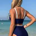 ZAFUL Womens High Waisted Bikini Sets Sexy V Neck Two Piece Swimsuit Cute Bow Ruched Bathing Suit (Blue, M)
