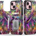 FUNMIKO for iPhone 15 Wallet Case with Card Holder, RFID-Blocking, Military-Grade Protection & UV-Printed Artwork, Magnetic Closure with Leather Kickstand - Vibrant Elegant Butterfly