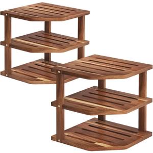 VERTORGAN 3 Tier Acacia Wood Corner Shelf(2 Pack),Dish Drying Rack,Plate Organizer,Kitchen Spice Rack for Countertop and Cabinet,Pantry Organization and Storage