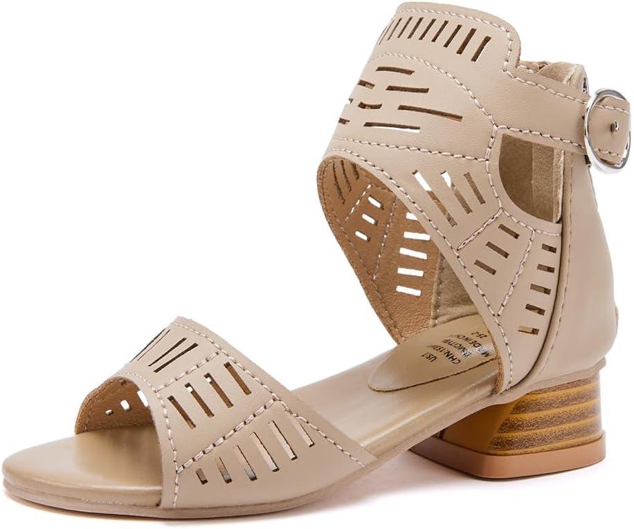 BMCiTYBM Girls Sandals Low Heels Flower Wedding Shoes Dress Pump Ankle Strap Open Toe Toddler Little Big Kids (1-camel)