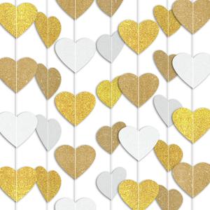 White Gold Party Decorations, Heart Streamers Garland- 48ft, Christmas Wedding Engagement Neutral Baby Shower Bachelorette Bridal Shower Party Decorations