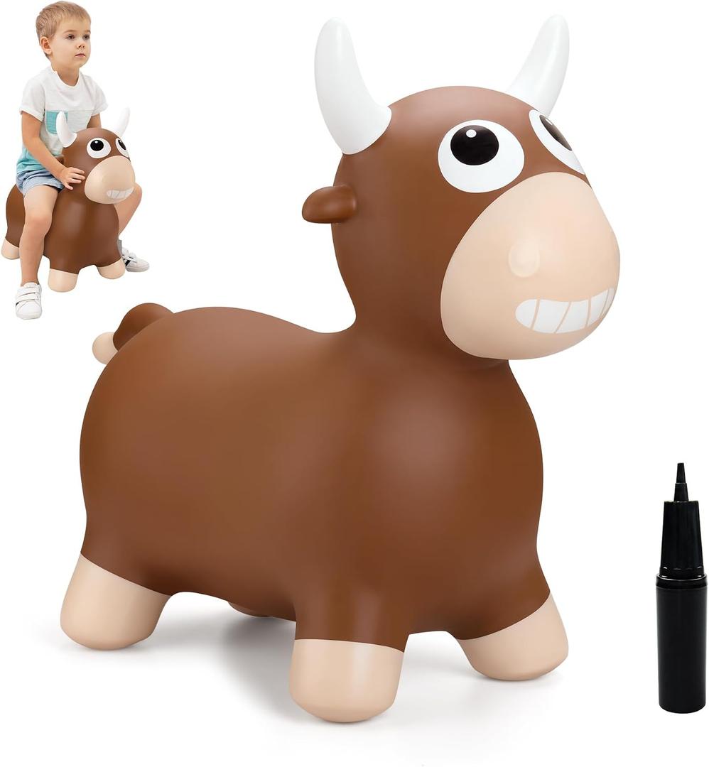 ZOOJOY Bouncy Animal Hopping Toys, Inflatable Brown Bouncy Hopper for Toddles, Outdoor Indoor Bouncing and Riding Bull Toys for Boys Girls, Birthday Gifts for 18 Months 2 3 4 5 6 Yrs w/Pump