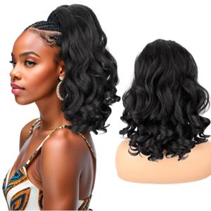 Long Natural Black Drawstring Ponytail Extension for Black Women 18inch Loose Curly Ends Yaki Straight Drawstring Ponytail Synthetic Slight Kinky Straight Pony Tail Hairpieces for Daily Use