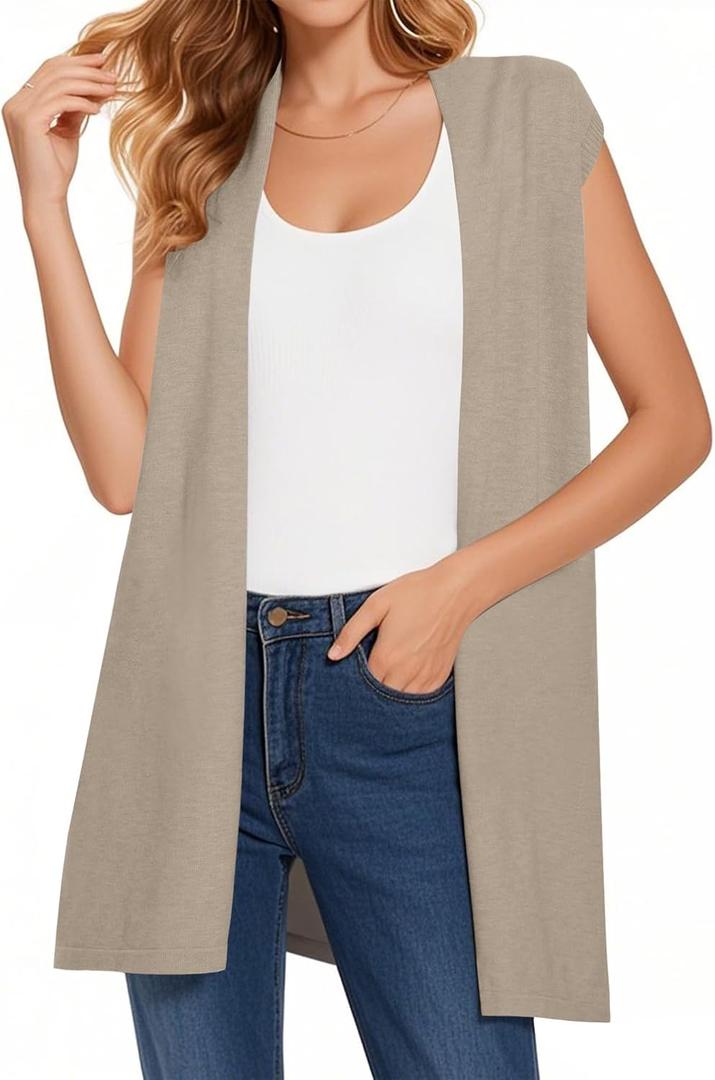 Women's Long Knit Cardigans Ribbed Sleeveless Sweater Casual Outwear Open Front Draped Duster Vest (XXL)