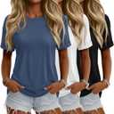 3 Pack Women Short Sleeve T-Shirts Crew Neck Drop Shoulder Baggy Rolled Sleeves Tees Loose Plain Casual Basic Tops (Black, M)