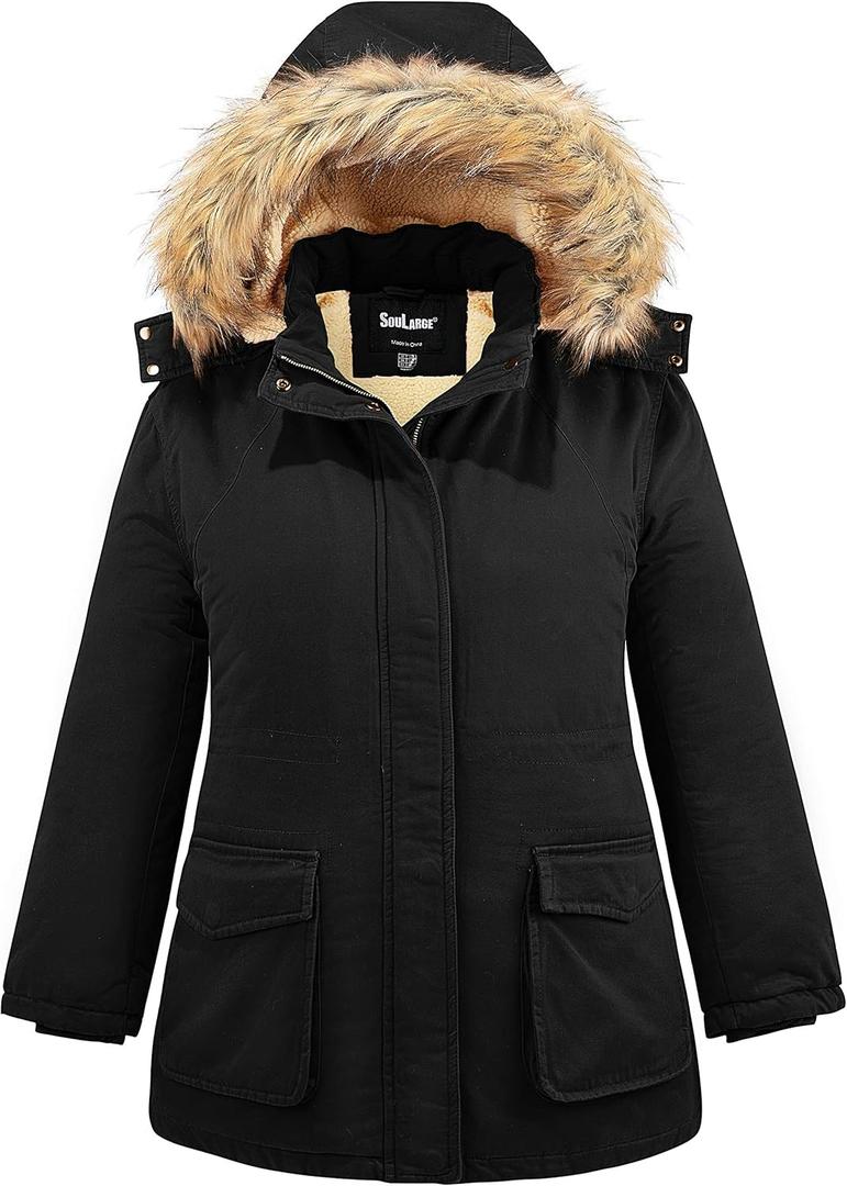 Soularge Women's Winter Plus Size Sherpa Lined Jacket with Detachable Hood (3X, Black)