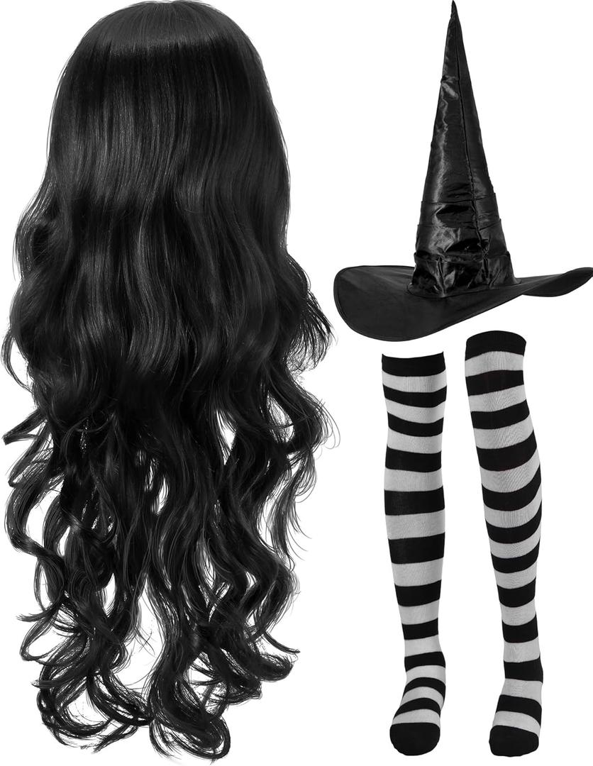 Janinka Halloween Witch Costume Set for Woman, Wig, Witch Hat, Socks (Black ,Gray)