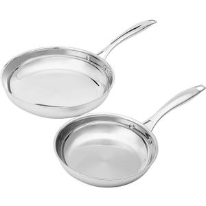 Amazon Basics 2-Piece Stainless Steel Induction Frying Pan Set, Oven Safe, Riveted Handle, Heat Distributes Evenly, 8-inch & 10-inch, Silver