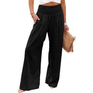 Angerella Womens Elastic High Waisted Palazzo Pants Casual Wide Leg Long Lounge Pant Trousers with Pocket (Large, #1 Black)