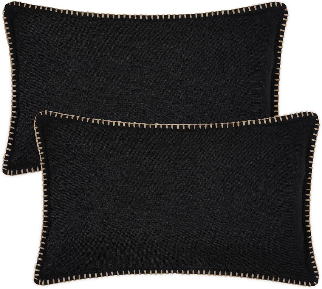 decorUhome Decorative Outdoor Throw Pillow Covers 12x20 Set of 2, Lumbar Linen Rustic Neutral Farmhouse Pillow Covers with Stitched Edge for Couch, Sofa, Living Room, Black
