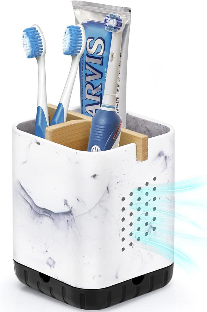 Boperzi Electric Toothbrush Holders for Bathroom Countertop, Detachable Toothbrush and Razor Holder Drainage for Shower, Kids Toothbrush and Toothpaste Holder, 3 Slots Bamboo Toothbrush Organizer (Black &Marble)