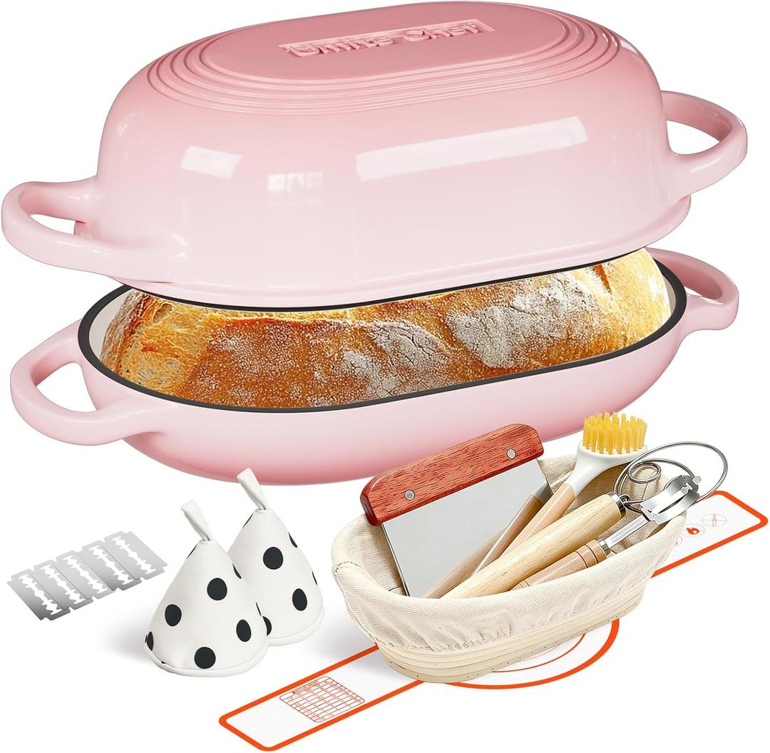 Enameled Cast Iron Sourdough Bread Oven, Dutch Oven for Bread Baking, - incl. Sourdough Bread-Baking Supplies like Banneton Bread-Proofing Basket - 5QT Loaf Cast Iron Bread Pan-Making Kit Pan, Pot, Sour Sough Tools, Lame (Pink)