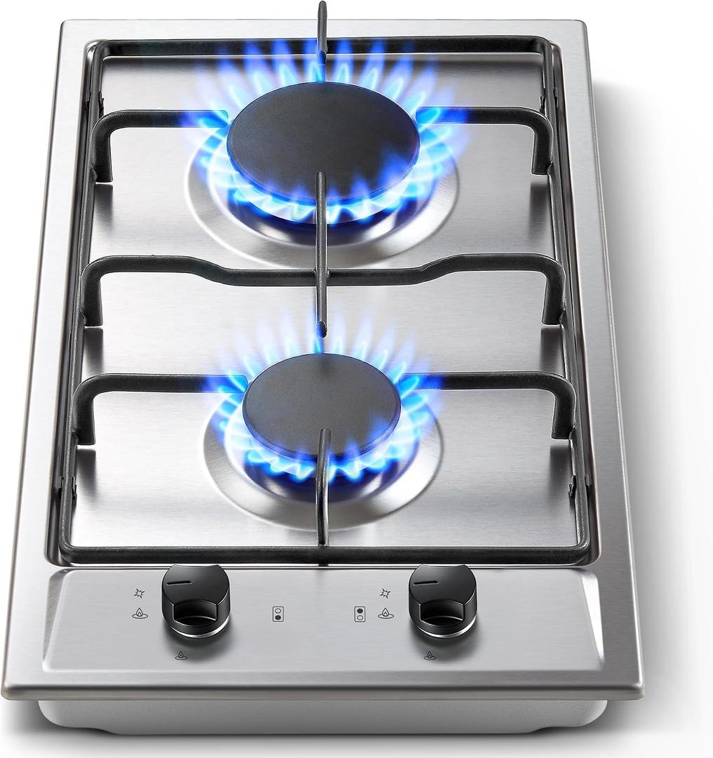 Gas Cooktop 2 Burner, 12 Inch Built-in Propane Cooktop, NG/LPG Dual Fuel Gas Stove Top with Thermocouple Safety Protection, Stainless Steel Stove for Apartment, Kitchen & RV