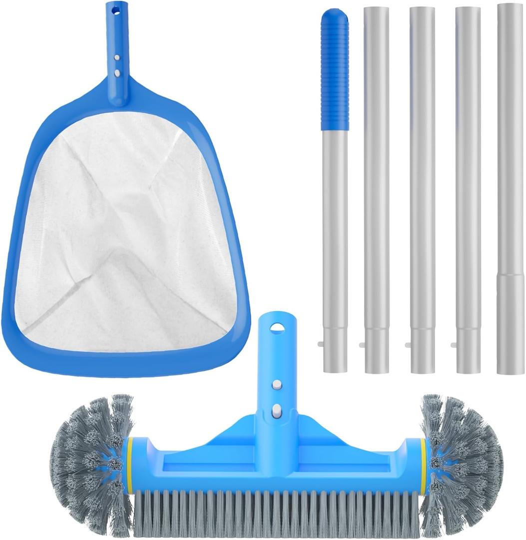 3PCS Cleaning Kit - 12.5'' Brush With Round End & 11'' Skimmer Net Fine Mesh & 5.7 Feet Thick Aluminum Pole 5-Segment, for Above Ground & Inground Pools Ponds