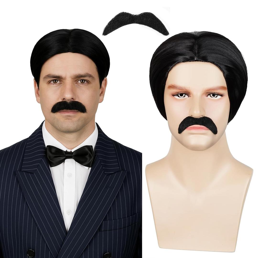 Probeauty Mens Short Black Wig with Mustache, Men Straight Cosplay Wigs for Halloween Costume Party with Wig Cap