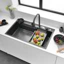 Waterfall Kitchen Sink 34 Inch Drop-in Single Bowl Stainless Steel Multifunctional Kitchen Sink with 2-in-1 Faucet and Accessories (34"x18"), 34"x18"x9"