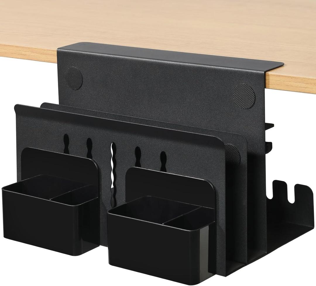 MAXECHO Desk Side Storage, Under Desk Laptop Mount, Table Side Hanging File Organizer, No Drill Clamp On Cable Management Tray, Laptop Holder with Magnetic Pen Holder for Office and Home, Load 22 Lbs (Black)