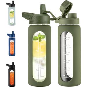 CIVAGO 24 oz Glass Water Bottle with Straw and Handle, Large Sports Motivational Water Bottle Flask with Time Marker and 2 Lids, Leakproof Jug Canteen with Silicone Sleeve for Gym, Army Green