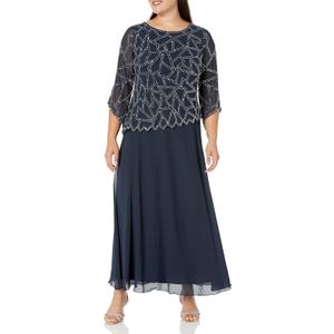 J Kara Women's Scallop Asymetrical Hem 3/4 Sleeve Beaded Mock 2 Piece Long Dress (4, Navy Multi)