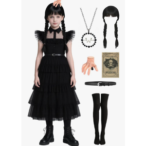 Girls Black Dress for Halloween Costume Kids Family Party with Wig Necklace Socks Accessories, Size 130 Girls Black Dress for Halloween Costume Kids Family Party with Wig Necklace Socks Accessories, Size 130