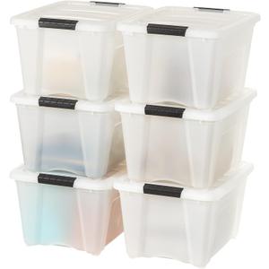 IRIS USA 32 Qt Stackable Plastic Storage Bins with Lids, 6 Pack - BPA-Free, Made in USA - Discreet Organizing Solution, Latches, Durable Nestable Containers, Secure Pull Handle - Pearl
