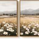 Vintage Large Landscape Framed Canvas Wall Art Set of 2 16"x24", Minimalist Meadow Flower Mountain Painting Prints, Neutral Floral Nature Artwork Living Room Bedroom Modern Farmhouse Decor