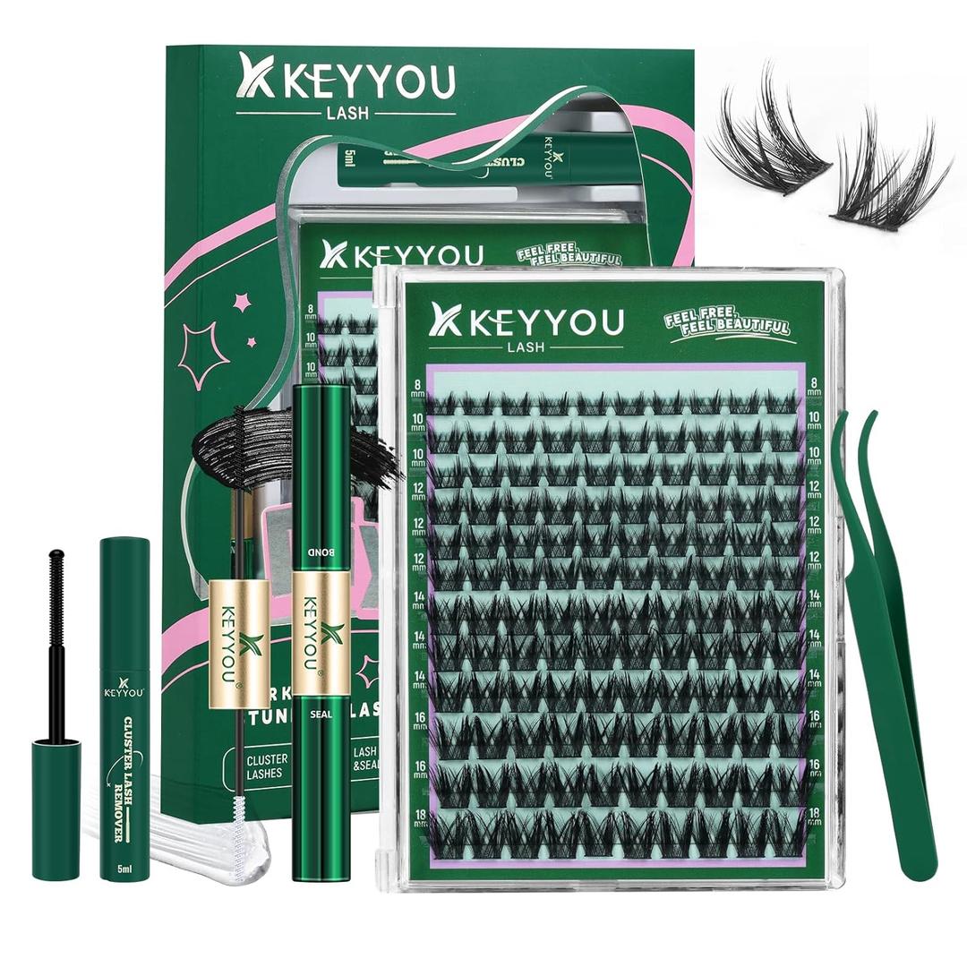 KEYYOU LASH Lash Clusters Kit Manga Lashes 8-18mm C Curl Wispy Lash Cluster Ultra-Thin Natural Lash Cluster with Spike Eyelash Extension 120pcs Fairy False Eyelash with Remover Bond and SealF04 Kit