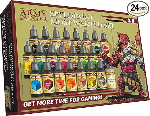 The Army Painter Speedpaint 2.0 Most Wanted Paint Set, 24 x 18 mL Acrylic Contrast Paints Including 2 Metallics, 1 Medium & 1 Free Brush for Miniature and Model Painting