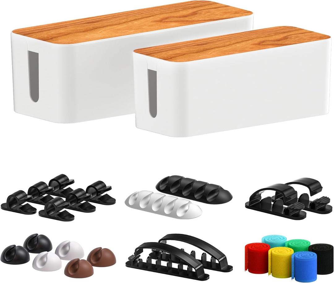 Cable Management Box 2 Pack with 16 Cable Clips Set-Large & Medium & Small Wooden Style Cable Organizer Box to Hide Wires&Power Strips | Cord Organizer Box | Cable Organizer for Home & Office [White]