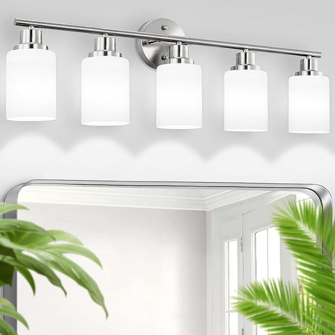 Guliaofo 5-Light Brushed Nickel Vanity Lights, Bathroom Light Fixtures with Textured Milky White Glass Shade, Modern Bathroom Lighting Fixtures Over Mirror Wall Sconce Light - E26 Base