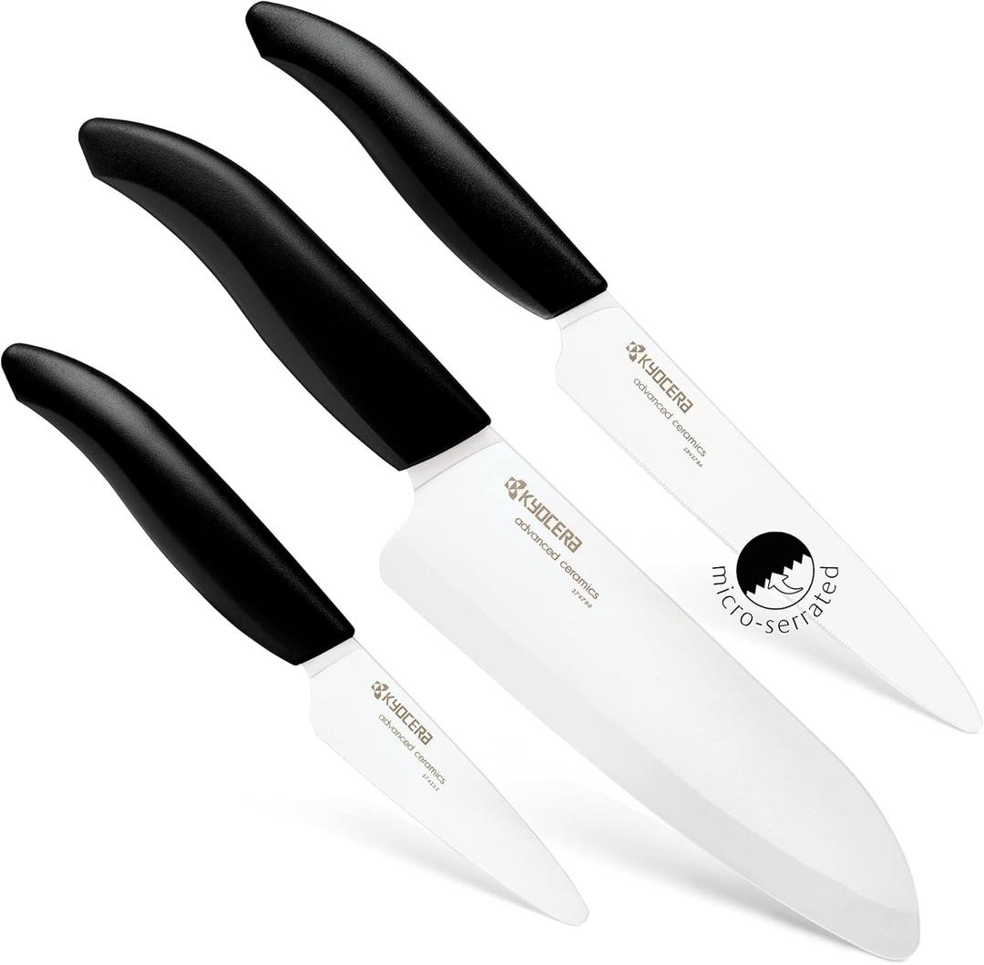 Kyocera Advanced Ceramics  Revolution Series 3-Piece Ceramic Knife Set: Includes 6-inch Chef's Knife; 5-inch Micro Serrated Knife; and 3-inch Paring Knife; Black Handles with White Blades