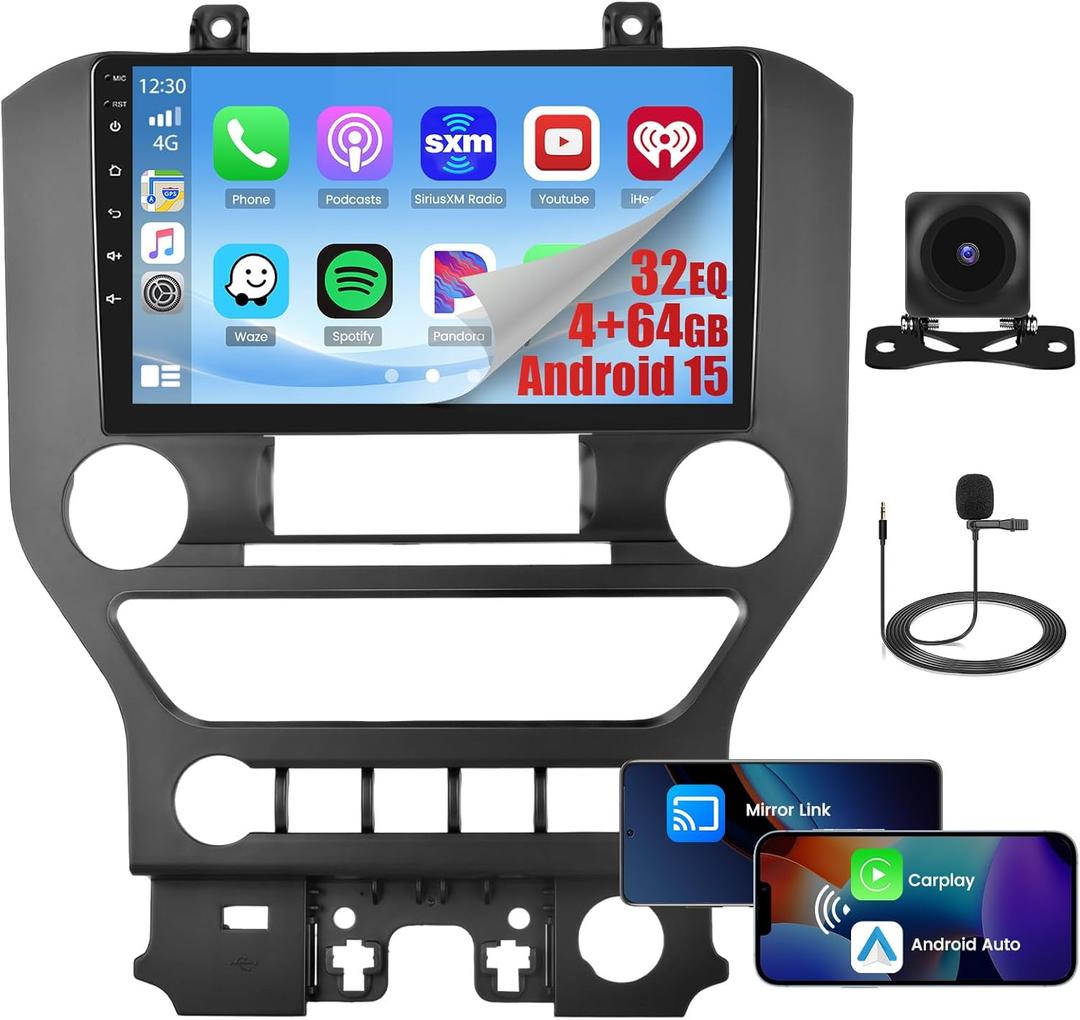 [4+64G] Android 15 Car Radio for Ford Mustang (Auto A/C) 2015-2020 Wireless CarPlay Android Auto, 9 Touch Screen for Mustang Car Stereo with GPS WiFi, Bluetooth 5.0 FM/RDS 32EQ Backup Camera