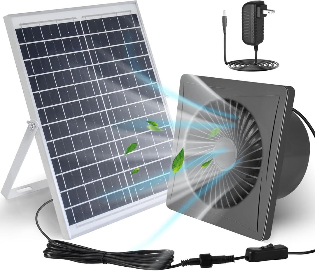 Solar Fan,25W Solar Panel+8" High Speed Solar Powered Fan with Bracket,Solar Fan for Chicken Coop with Power Adapter,Waterproof Solar Exhaust Fan,Solar Power Fan for Greenhouse,Shed (Gray)
