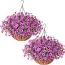 HyeFlora 2 Set Artificial Outdoor Flowers Hanging Basket, Faux Hanging Plants for Outside Spring Decoration, Fake Silk UV Resistant Look Real Daisy for Porch Patio Home Decor