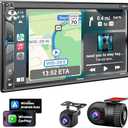 Double Din Car Stereo with Dash Cam - Voice Control Carplay, Android Auto, Steering Wheel Controls, 7" HD Touchscreen, Backup Camera, Bluetooth, Mirror Link, Subw, USB/TF/AUX, AM/FM Radio Receiver