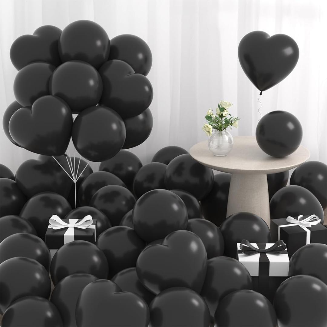 Matte Black Balloons, 60 pcs 12 Inch Black Balloons and Heart Balloon for Balloon Garland Arch Birthday Wedding Baby Shower Bachelorette Decorations (Black)