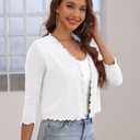 GoMamee Womens Cropped Cardgan Bolero Shrugs 3/4 Sleeve Open Front Short Cardigans Sweater White, Large (White, L)
